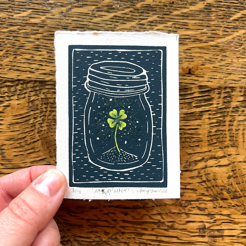 Mini ACEO 2.5" x 3.5" Lucky Glow-in-the-Dark Clover Jar Original Handmade Print